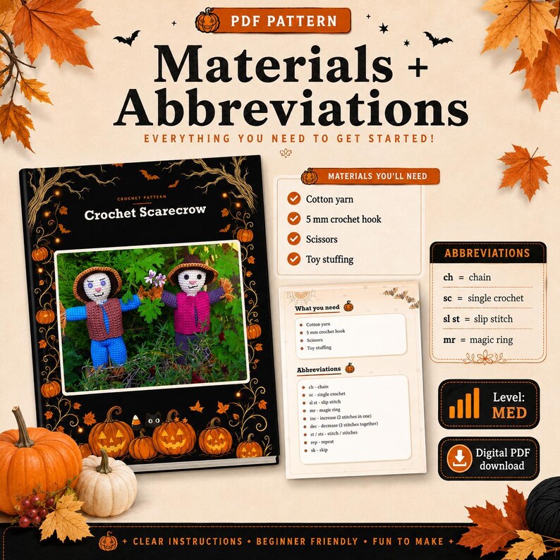 May include: A digital PDF crochet pattern for a scarecrow, featuring a black cover with pumpkin illustrations and a photo of two crocheted scarecrows. The document lists materials like cotton yarn and a 5 mm crochet hook, plus abbreviations.
