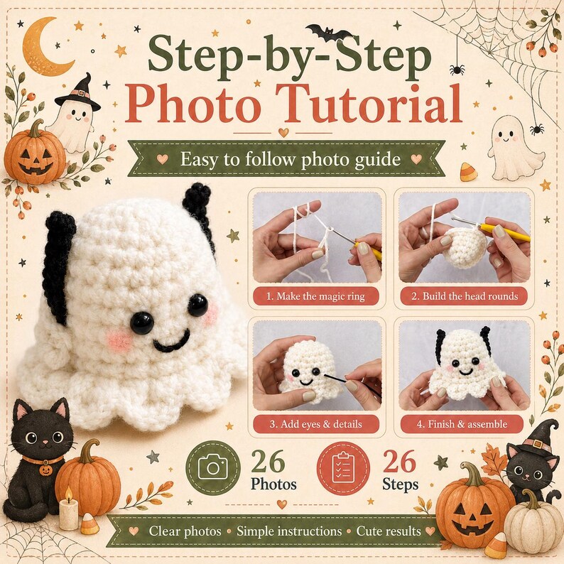 May include: A crochet pattern tutorial titled Step-by-Step Photo Tutorial featuring a white ghost with black ears and pink cheeks. The guide includes 26 photos and 26 steps, showing four stages of construction: magic ring, head rounds, eyes, and assembly.
