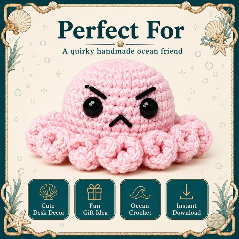 May include: A light pink crocheted octopus plush with black plastic eyes and a stitched angry expression. The image includes the text Perfect For, A quirky handmade ocean friend, Cute Desk Decor, Fun Gift Idea, Ocean Crochet, and Instant Download.