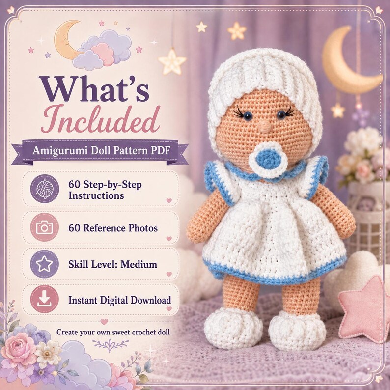 May include: A crochet amigurumi doll wearing a white hat, a white dress with blue trim, and a blue and white pacifier. The text reads: What's Included, Amigurumi Doll Pattern PDF, 60 Step-by-Step Instructions, 60 Reference Photos, Skill Level: Medium, Instant Digital Download, Create your own sweet crochet doll.