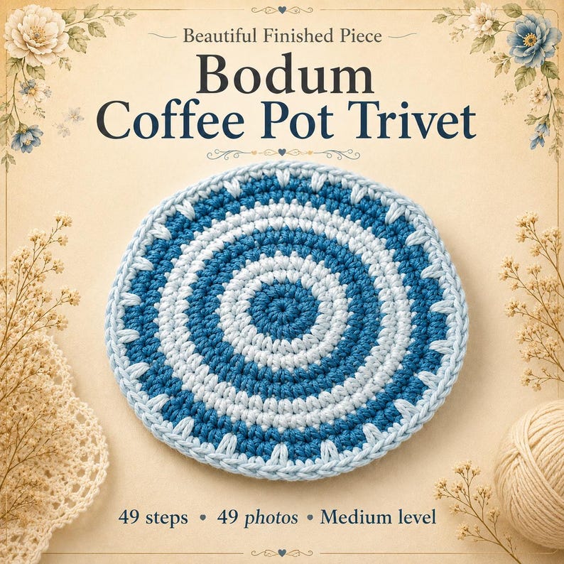 May include: A round, crocheted trivet featuring concentric rings of dark blue and light blue yarn. The text reads: Beautiful Finished Piece, Bodum Coffee Pot Trivet, 49 steps, 49 photos, Medium level. The design is circular with a textured stitch.