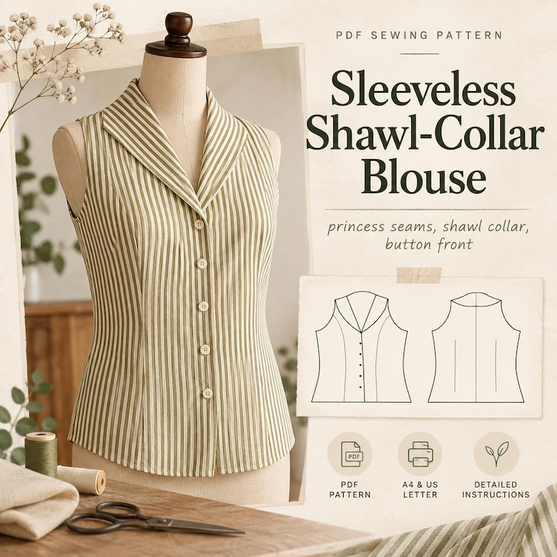 May include: A sleeveless blouse with a shawl collar and button front, featuring a vertical olive green and white stripe pattern. The design includes princess seams. Text reads: PDF SEWING PATTERN, Sleeveless Shawl-Collar Blouse, princess seams, shawl collar, button front, PDF PATTERN, A4 & US LETTER, DETAILED INSTRUCTIONS.