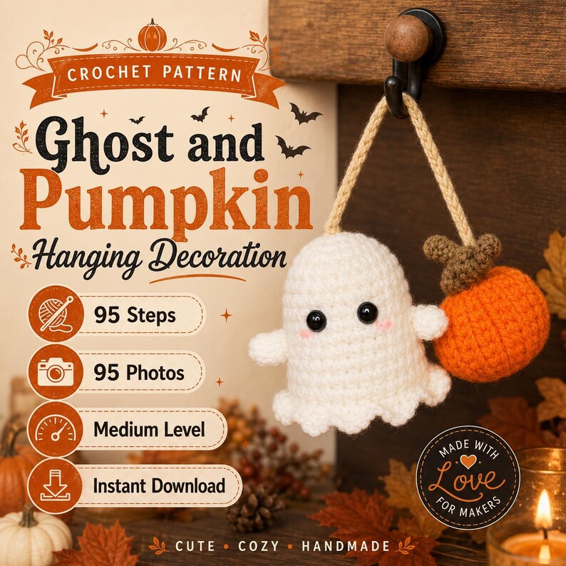 May include: A crochet pattern for a ghost and pumpkin hanging decoration. The text reads: Crochet Pattern, Ghost and Pumpkin Hanging Decoration, 95 Steps, 95 Photos, Medium Level, Instant Download, Made with Love for Makers, Cute, Cozy, Handmade.