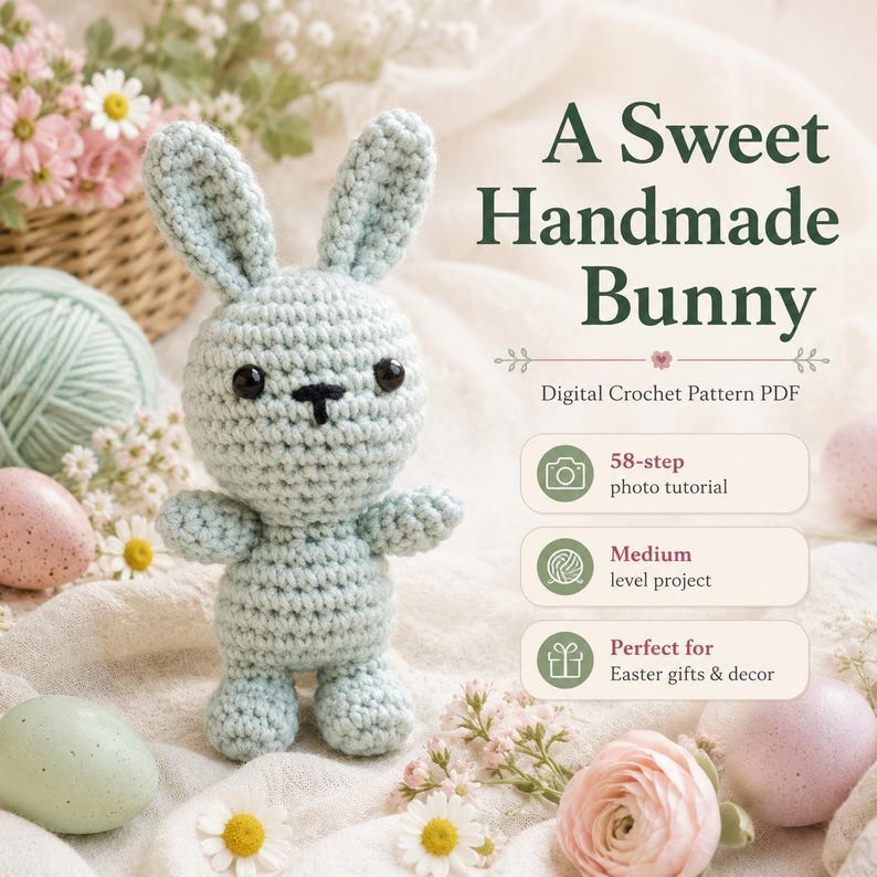 May include: A light blue crocheted bunny toy with black eyes and a stitched nose. The text reads: A Sweet Handmade Bunny, Digital Crochet Pattern PDF, 58-step photo tutorial, Medium level project, and Perfect for Easter gifts & decor.