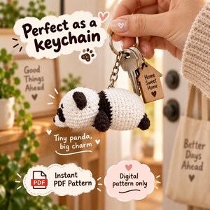 May include: A crocheted panda keychain featuring a white and black body, attached to a metal ring with a wooden house-shaped tag engraved with the text Home Sweet Home. The image includes text stating Perfect as a keychain, Tiny panda, big charm, Instant PDF Pattern, and Digital pattern only.