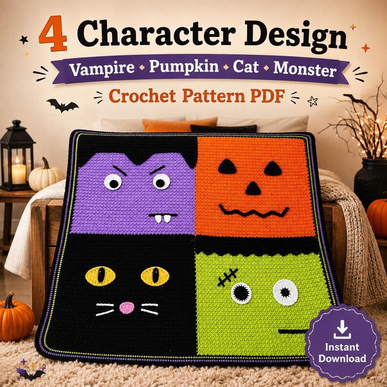 May include: A square crochet blanket featuring four distinct Halloween character panels: a purple vampire, an orange pumpkin, a black cat, and a lime green monster. The text reads 4 Character Design Vampire Pumpkin Cat Monster Crochet Pattern PDF.