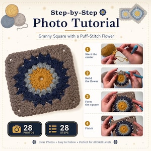 Pu&ograve; includere: Un tutorial fotografico passo dopo passo per una granny square all'uncinetto con un fiore a punto puff. La guida include 28 foto e 28 passaggi, mostrando un quadrato finito in filato giallo senape, grigio, blu navy e marrone con immagini.