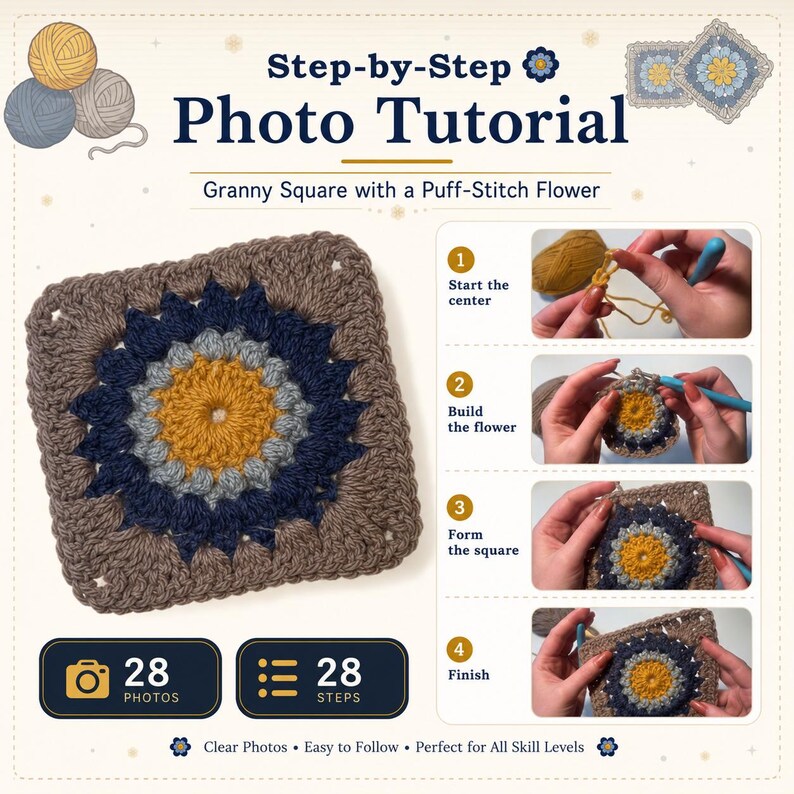 Pu&ograve; includere: Un tutorial fotografico passo dopo passo per una granny square all'uncinetto con un fiore a punto puff. La guida include 28 foto e 28 passaggi, mostrando un quadrato finito in filato giallo senape, grigio, blu navy e marrone con immagini.