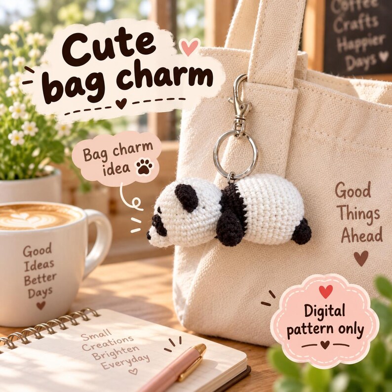May include: A crocheted panda bag charm featuring a white and black yarn body attached to a silver-toned metal keyring and lobster clasp. The charm is displayed hanging from a beige canvas tote bag with the text Good Things Ahead printed on it.