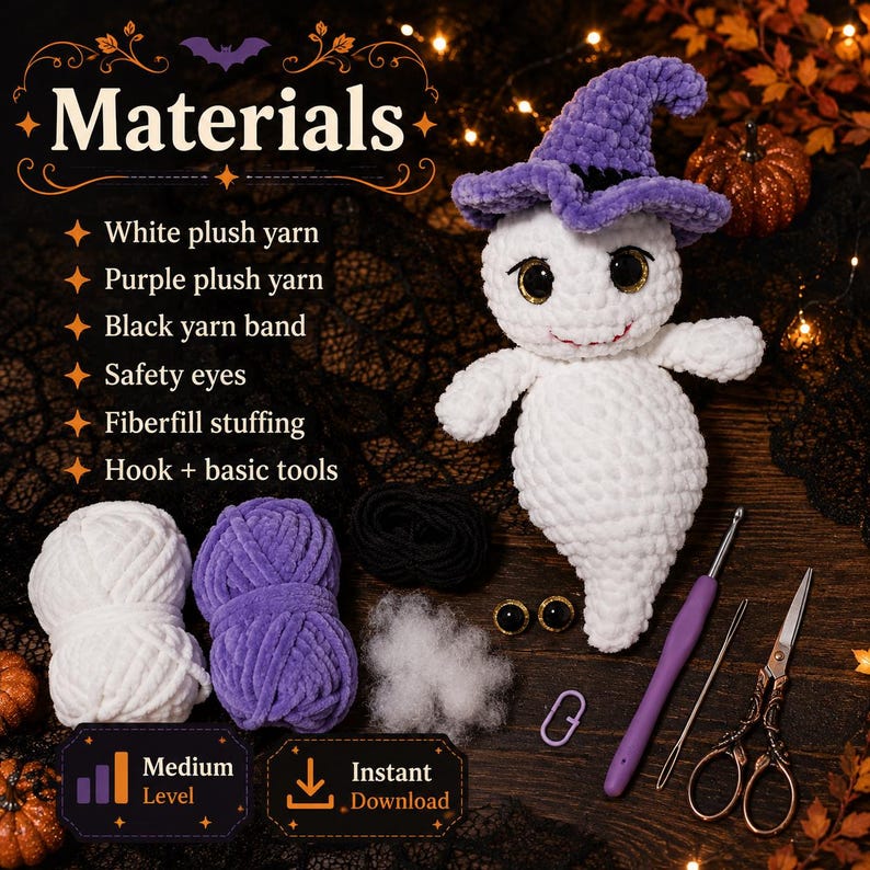 May include: A crochet kit featuring a white plush ghost wearing a purple plush witch hat, white and purple yarn skeins, black yarn, safety eyes, fiberfill stuffing, a purple crochet hook, a metal needle, and ornate metal scissors.