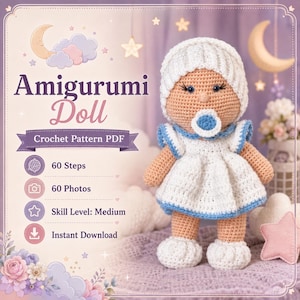 May include: An amigurumi doll crochet pattern PDF featuring a beige yarn doll wearing a white hat, a white dress with blue trim, and a blue and white pacifier. The text includes Amigurumi Doll, Crochet Pattern PDF, 60 Steps, 60 Photos, Skill Level: Medium, and Instant Download.