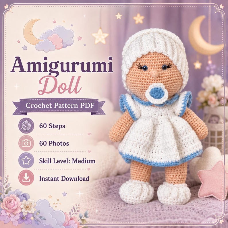 May include: An amigurumi doll crochet pattern PDF featuring a beige yarn doll wearing a white hat, a white dress with blue trim, and a blue and white pacifier. The text includes Amigurumi Doll, Crochet Pattern PDF, 60 Steps, 60 Photos, Skill Level: Medium, and Instant Download.