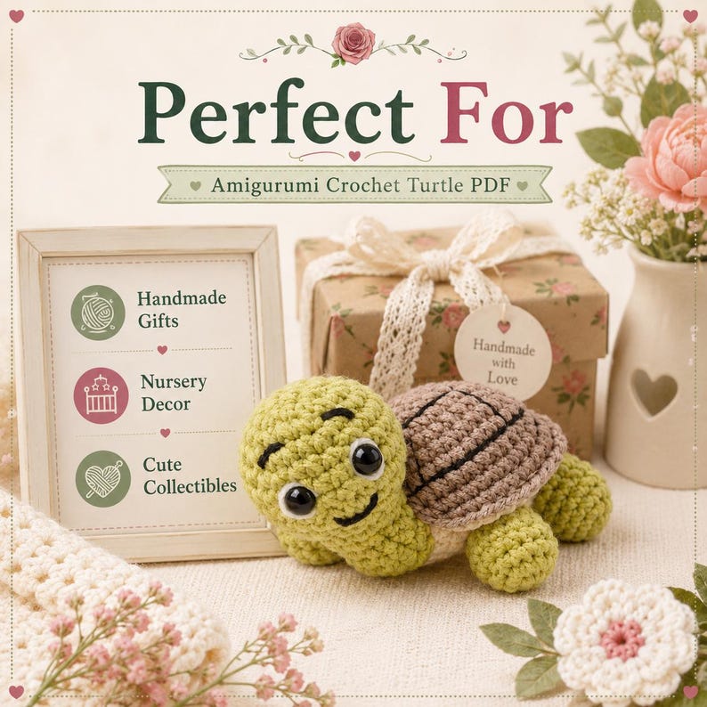 May include: A crochet turtle with a light green head and a brown shell, positioned next to a framed sign that reads Perfect For Amigurumi Crochet Turtle PDF, Handmade Gifts, Nursery Decor, and Cute Collectibles, with a gift box and flowers.