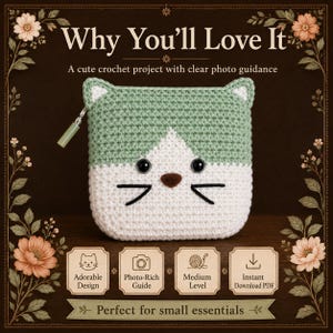May include: A square crochet pouch shaped like a cat head with sage green and white yarn, featuring black safety eyes, a brown nose, and embroidered whiskers. A zipper pull is attached to the side. Text includes Why You'll Love It, A cute crochet project with clear photo guidance, Adorable Design, Photo-Rich Guide, Medium Level, Instant Download PDF, and Perfect for small essentials.