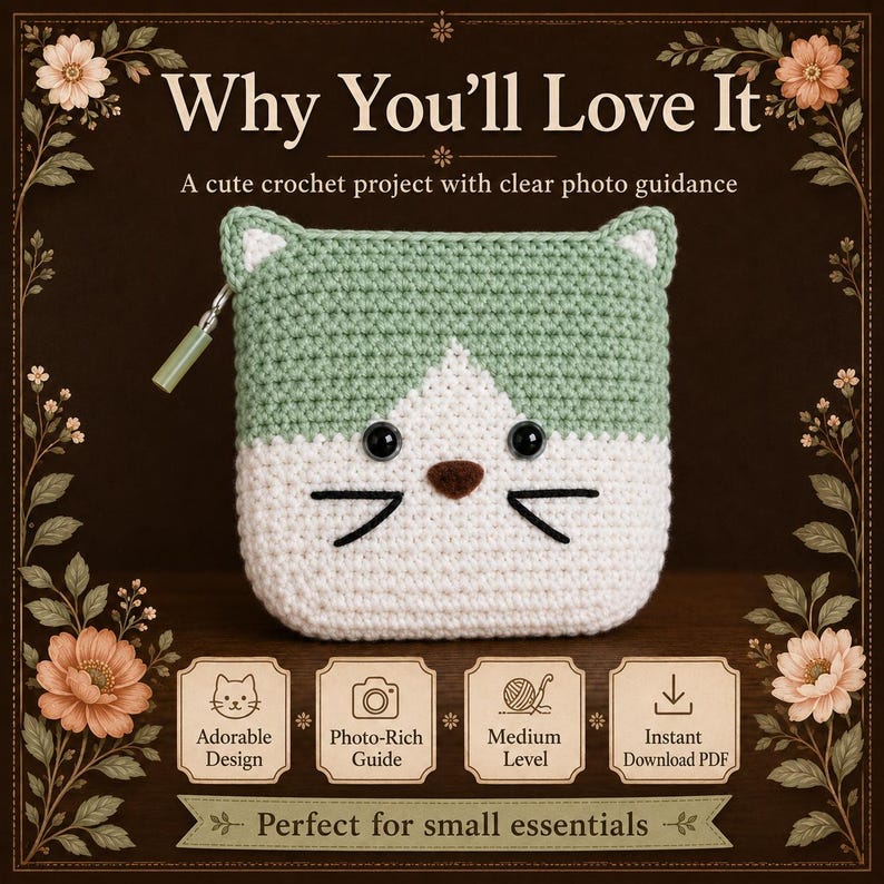 May include: A square crochet pouch shaped like a cat head with sage green and white yarn, featuring black safety eyes, a brown nose, and embroidered whiskers. A zipper pull is attached to the side. Text includes Why You'll Love It, A cute crochet project with clear photo guidance, Adorable Design, Photo-Rich Guide, Medium Level, Instant Download PDF, and Perfect for small essentials.