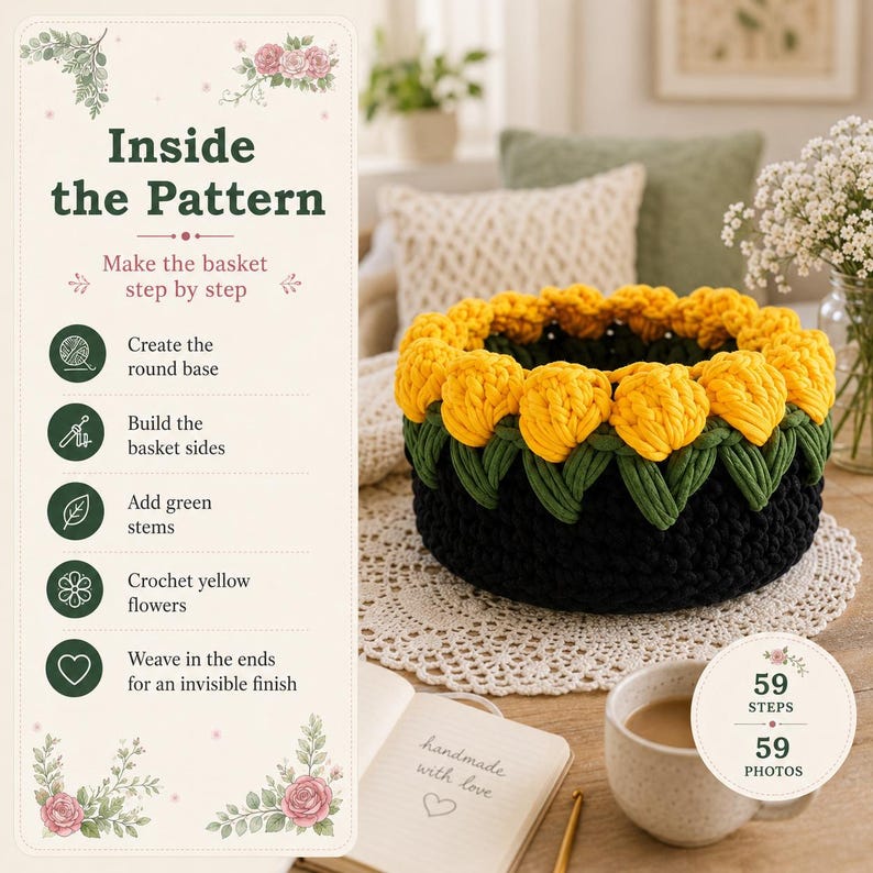 May include: A crochet basket pattern guide featuring text that reads Inside the Pattern, Make the basket step by step, 59 STEPS, 59 PHOTOS, and handmade with love. The basket is black with a border of green stems and yellow flower buds.