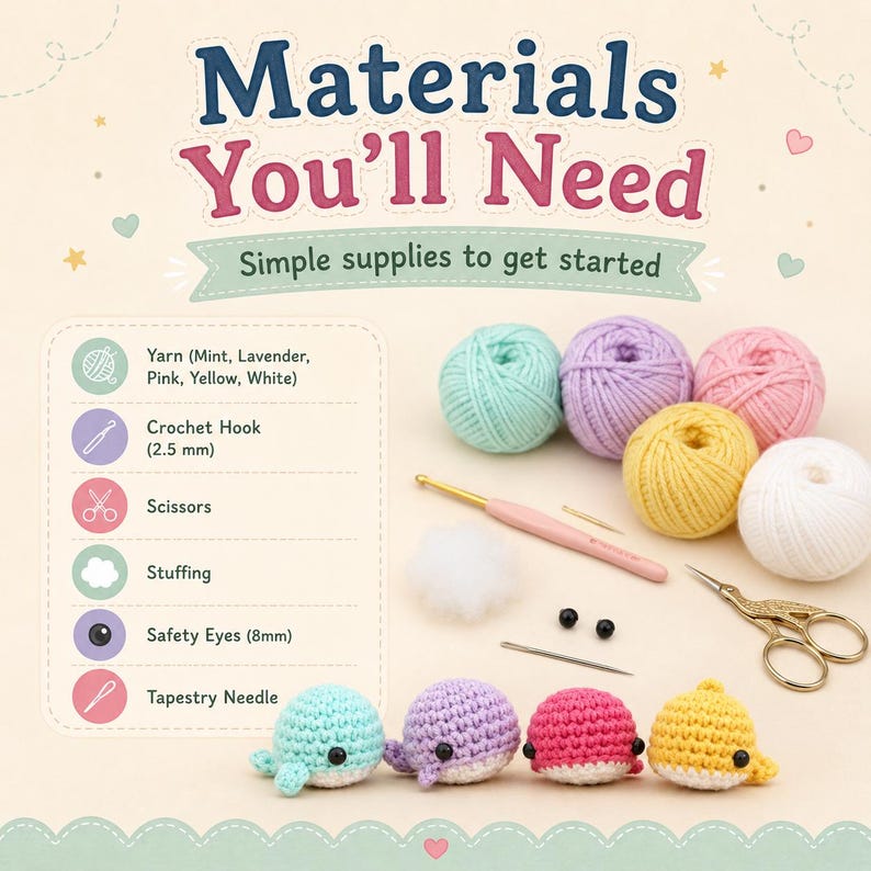 May include: A craft supply set featuring yarn balls in mint, lavender, pink, yellow, and white, a 2.5 mm crochet hook, scissors, stuffing, 8mm safety eyes, and a tapestry needle. Four small crocheted whales in matching colors are displayed.