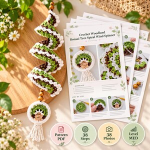 May include: A crochet pattern document titled Crochet Woodland Bonsai Tree Spiral Wind Spinner, featuring step-by-step instructions, 38 photos, and 38 steps. Beside it hangs a spiral wind spinner made of green, brown, and white yarn.