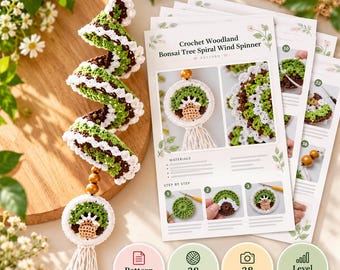 May include: A crochet pattern document titled Crochet Woodland Bonsai Tree Spiral Wind Spinner, featuring step-by-step instructions, 38 photos, and 38 steps. Beside it hangs a spiral wind spinner made of green, brown, and white yarn.