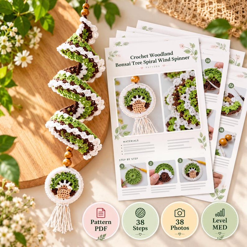 May include: A crochet pattern document titled Crochet Woodland Bonsai Tree Spiral Wind Spinner, featuring step-by-step instructions, 38 photos, and 38 steps. Beside it hangs a spiral wind spinner made of green, brown, and white yarn.