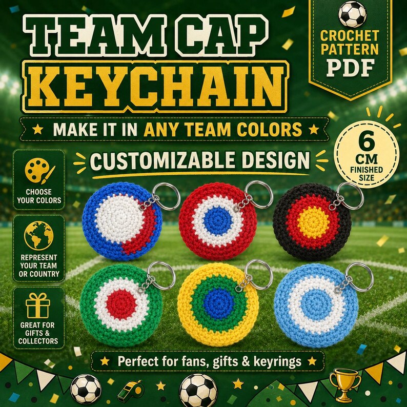 May include: A digital PDF crochet pattern for a circular team cap keychain. The image displays six round, multi-colored crocheted keychains, each 6 cm in diameter, featuring various color combinations and attached silver metal key rings.