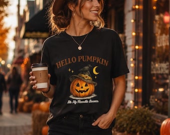 Hello Pumpkin Shirt, Vintage Halloween Pumpkin T-Shirt, Cute Witch Hat Jack O Lantern Tee, Fall Autumn Graphic Shirt, Bella Canvas 3001