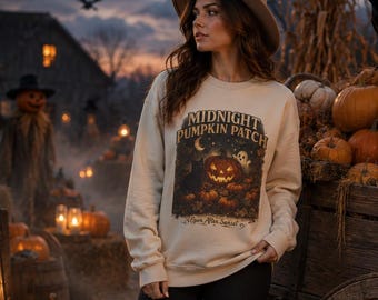 Midnight Pumpkin Patch Crewneck Sweatshirt, Vintage Halloween Sweatshirt, Black Cat Ghost Pumpkin Crewneck, Fall Cozy Graphic Pullover Gift