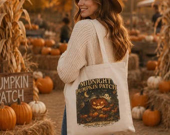 Halloween Canvas Tote Bag, Midnight Pumpkin Patch Tote, Spooky Pumpkin Ghost Cat Bag, Fall Market Bag, Reusable Cotton Tote Gift