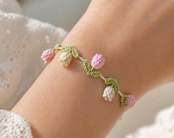 Patrón de pulsera de tulipán a crochet en PDF, patrón de pulsera floral a crochet, joyería a crochet para principiantes, pulsera de flor de tulipán, idea de regalo DIY (inglés estadounidense)