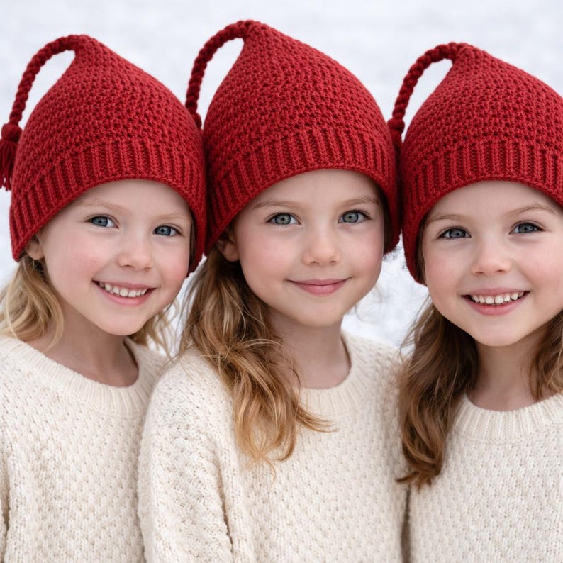 May include: Three young people wearing matching red knit hats with a long braided tassel and cream-colored sweaters. The hats have a pointed top. The people are smiling, with fair skin and blonde hair.