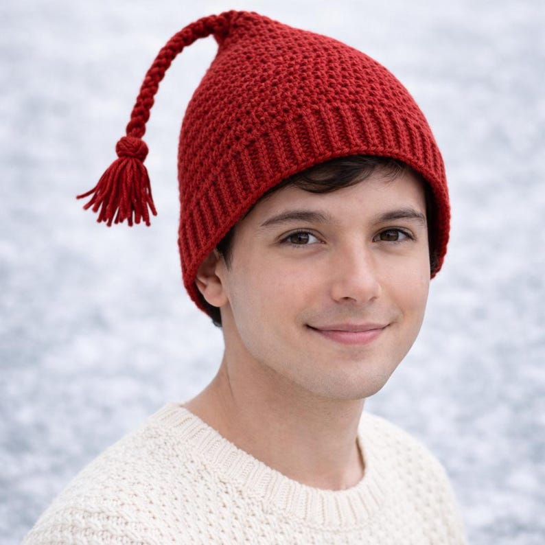 May include: A red knitted hat with a long, braided tassel and a tassel at the end. The hat is worn by a person wearing a cream-colored sweater. The hat is a winter accessory.