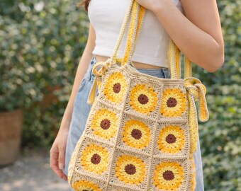 Crochet Bag Pattern, Granny Square Crochet Pattern, Sunflower Crochet Bag Pattern, Crochet Sunburst Tote, DIY Crochet Purse Pattern PDF