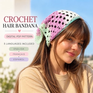 Padrão de bandana de crochê para cabelo em PDF, lenço de cabeça com ponto vovó (3 idiomas)