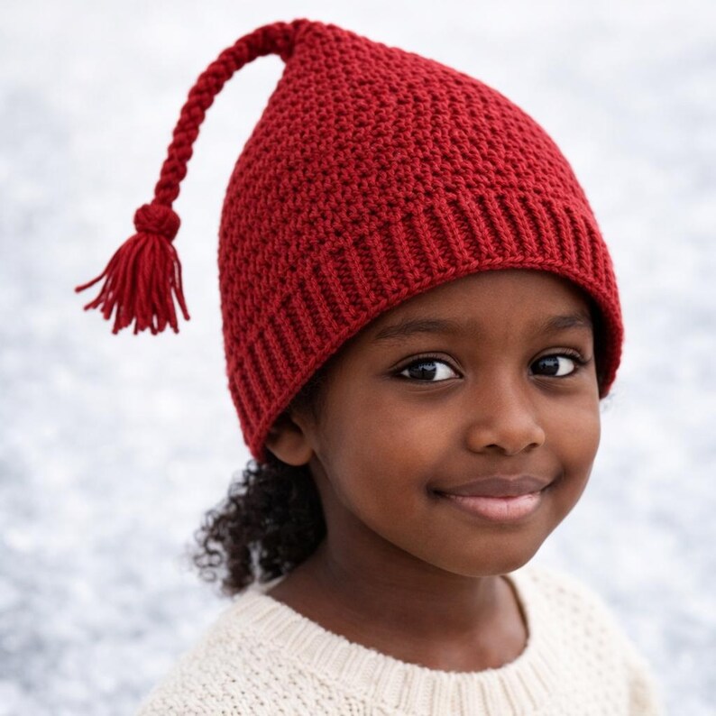 May include: A red knitted hat with a long, braided tassel and a tassel end. The hat is a solid red color and has a ribbed brim. The hat is likely handmade and suitable for cold weather.