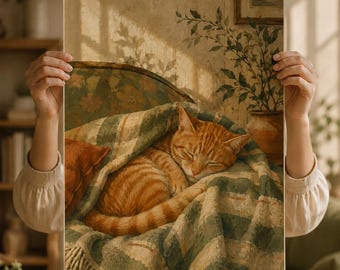 Orange Cat Wall Art, Vintage Cat Poster, Sleeping Cat Print, Cozy Cottage Decor, Ginger Cat Artwork