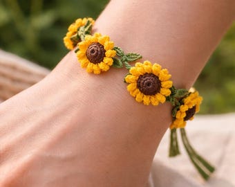 Crochet Sunflower Bracelet Pattern PDF | Easy Flower Bracelet Tutorial | Beginner Crochet Jewelry DIY | Summer Floral Gift