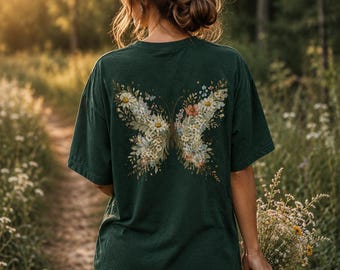 Floral Butterfly Shirt, Cottagecore Butterfly Tee, Wildflower Butterfly T-Shirt, Botanical Nature Shirt, Bella Canvas 3001, Boho Gift
