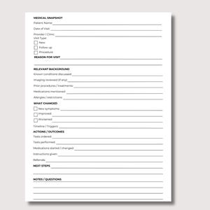 May include: A white medical snapshot form with black text. The form includes sections for patient information, reason for visit, relevant background, what changed, actions/outcomes, next steps, and notes/questions. The form is designed for medical documentation.