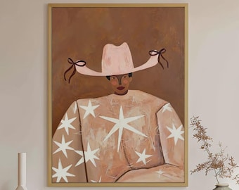 Cowgirl Ölgemälde | Moderne Boho Western Wandkunst | Schwarzes Cowgirl Porträt | Neutrale rustikale Wohnkultur