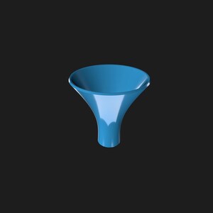 May include: A glossy, light blue funnel with a wide top and a narrow spout. The funnel is made of a smooth material and is set against a dark background. The design is simple and modern.