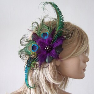 Green Purple Peacock Feathers Quills Fascinator Hair Clip Moe Mother of the Bride Bride Prom Party Wedding Inspiration Gatsby Flapper image 1
