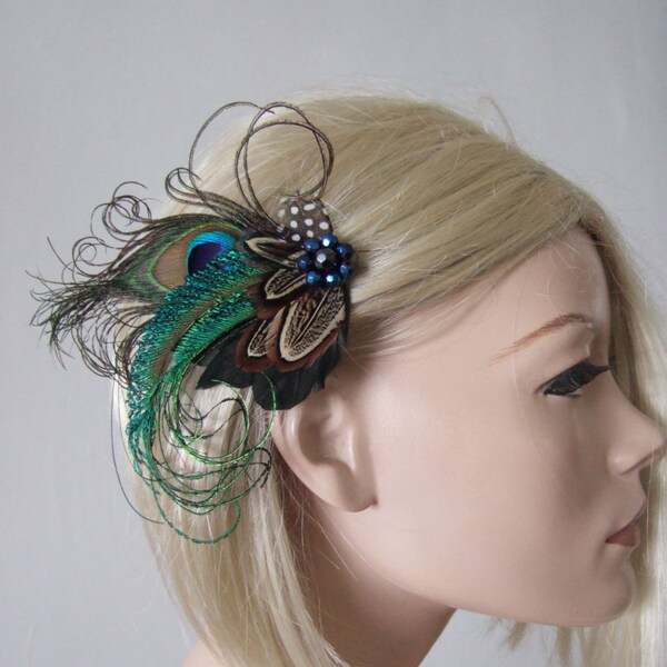 Peacock + Pheasant Feather Fascinator Hair Clip - Party or Bridal Wedding "Ama" - 5 Days to Make - Bridesmaids Bride Rustic Wedding Gatsby