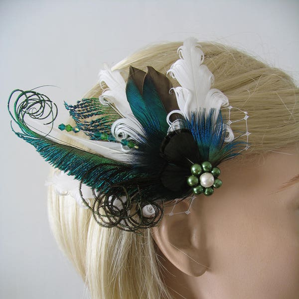 White Green Teal Duck and Peacock Feathers Fascinator Hair Clip "Reva" Bridal Wedding Rustic Barn Cottage Woodland Theme Bride Bridesmaids