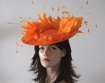Tango Orange Saucer Disc Feather Tree Hat Headpiece Fascinator "Jaffa" Kentucky Derby Ascot Horse Racing Fashion Del Mar Mother of the Bride