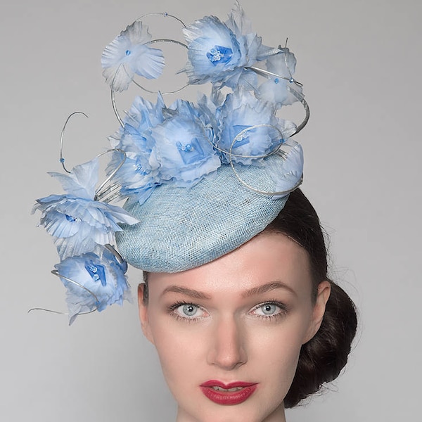 Fascinator Headpiece Cornflower Cerulean Blue Silver Silk Flowers Smartie Ascot Hat "Reba" FG2507 Spring Racing Mother of Bride Hatinator