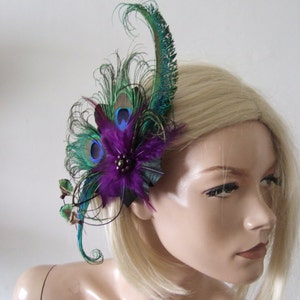 Green Purple Peacock Feathers Quills Fascinator Hair Clip Moe Mother of the Bride Bride Prom Party Wedding Inspiration Gatsby Flapper image 3