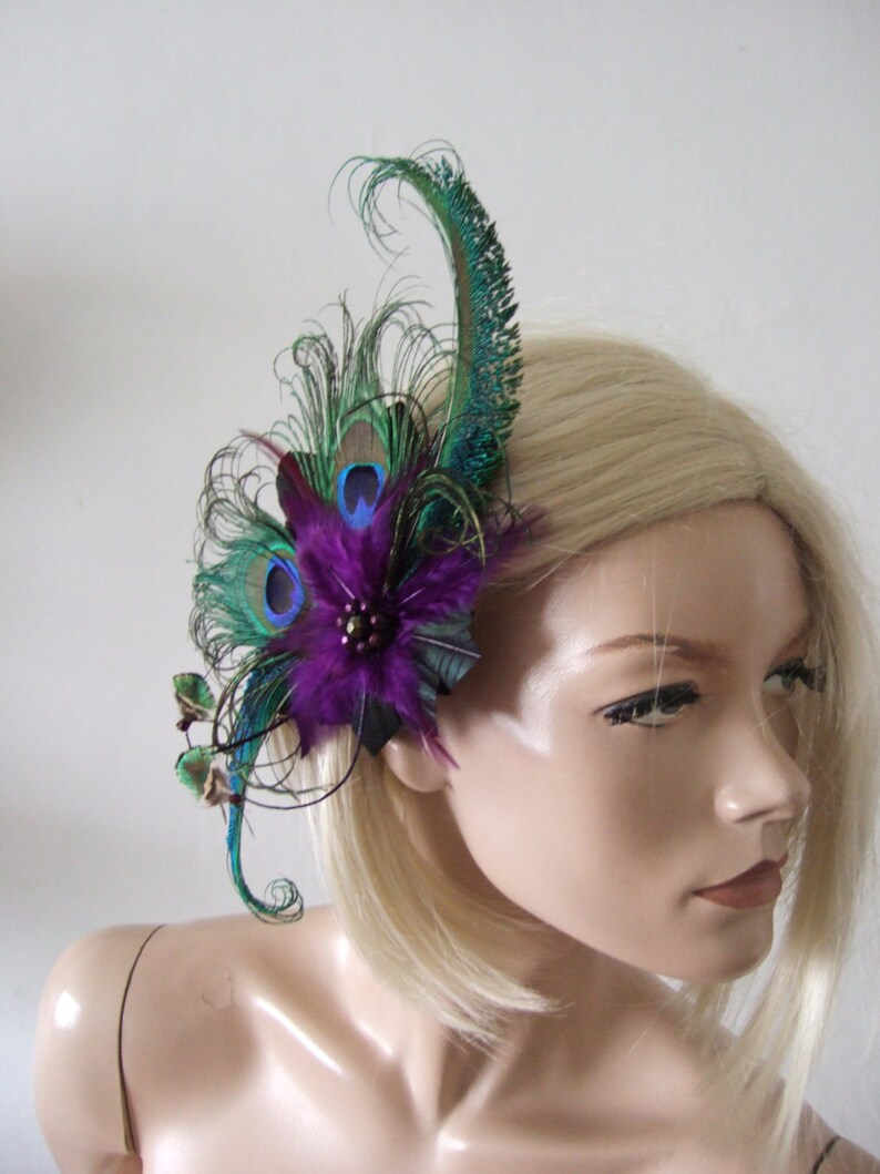 Green Purple Peacock Feathers Quills Fascinator Hair Clip Moe Mother of the Bride Bride Prom Party Wedding Inspiration Gatsby Flapper image 3