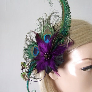 Green Purple Peacock Feathers Quills Fascinator Hair Clip Moe Mother of the Bride Bride Prom Party Wedding Inspiration Gatsby Flapper image 5