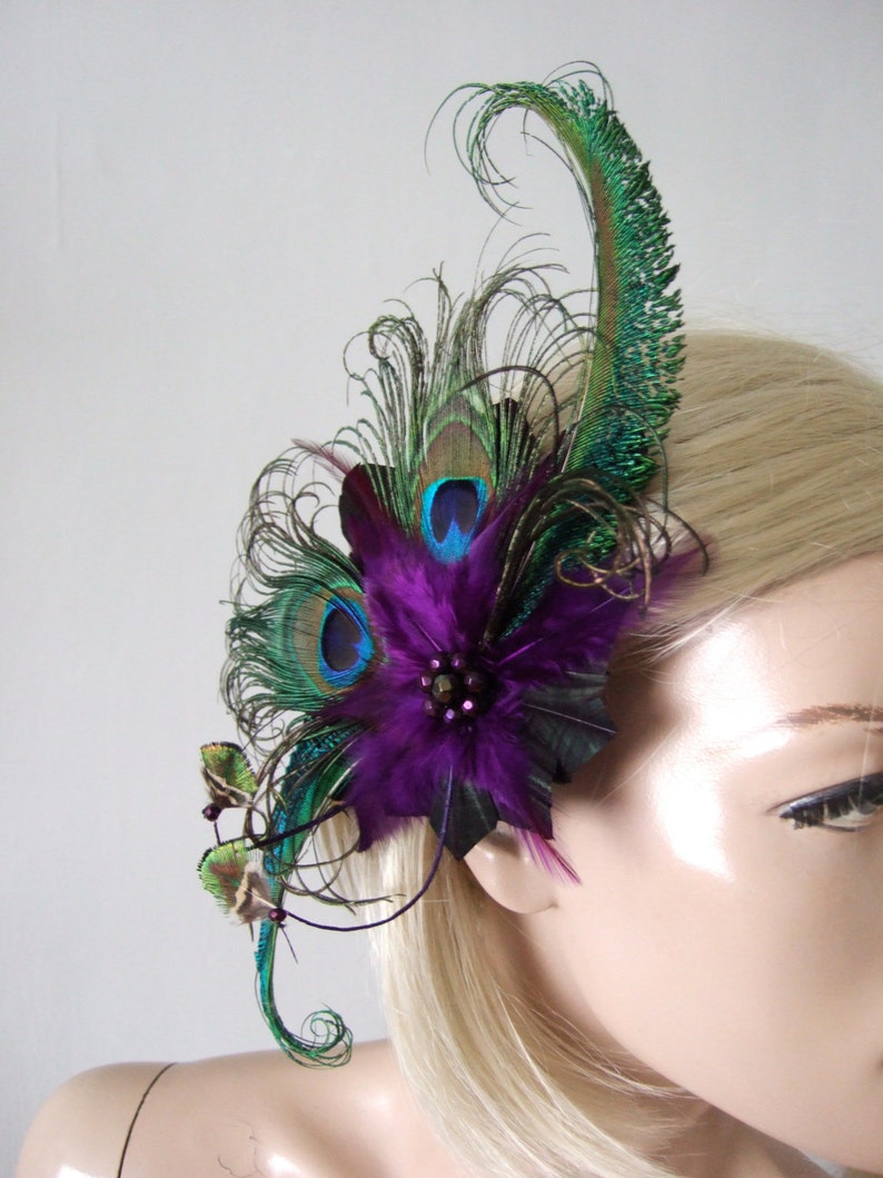 Green Purple Peacock Feathers Quills Fascinator Hair Clip Moe Mother of the Bride Bride Prom Party Wedding Inspiration Gatsby Flapper image 5