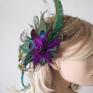 Green Purple Peacock Feathers Quills Fascinator Hair Clip Moe Mother of the Bride Bride Prom Party Wedding Inspiration Gatsby Flapper image 4